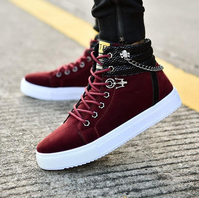 High Quality Men Vulcanized shoes New High Top Canvas Casual shoes Men Autumn Leather Sneakers Metal Chain Plus Size Male Flats - Function123